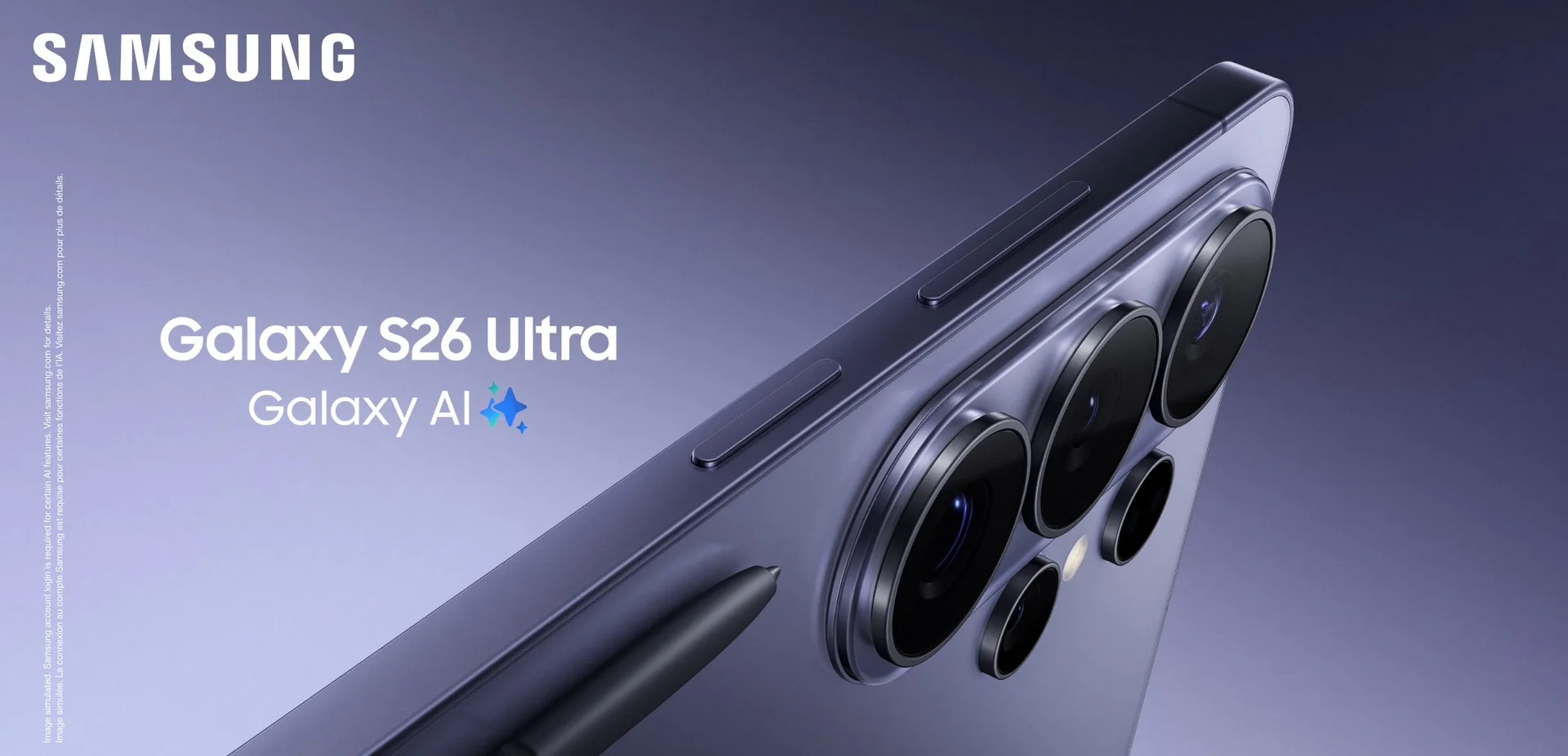 A silver Galaxy S26 on a blue background next to the words "Galaxy AI" in white and "Preorder now".